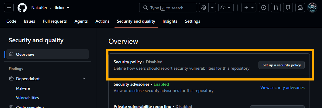 An example of Security policy showing as Disabled