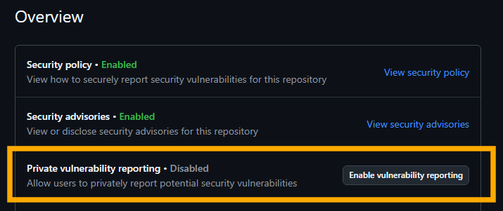 An example of Private vulnerability reporting showing as Disabled