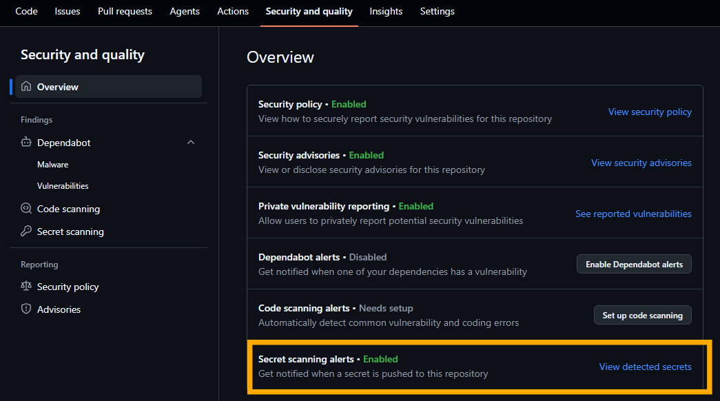 An example of Secret scanning alerts being enabled