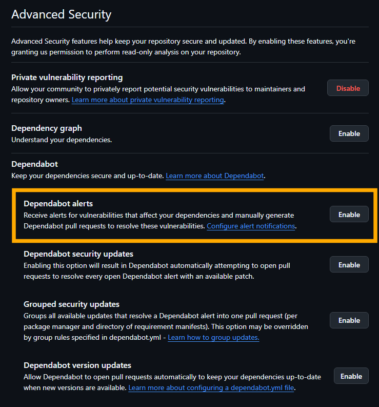 Click this Enable button to enable Dependabot alerts