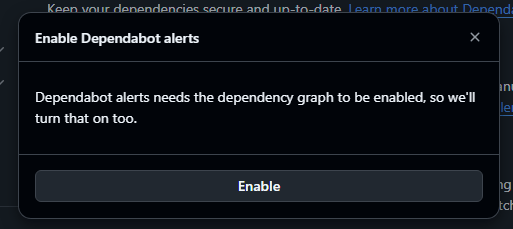 A warning appears saying that Dependabot alerts requires the Dependency graph